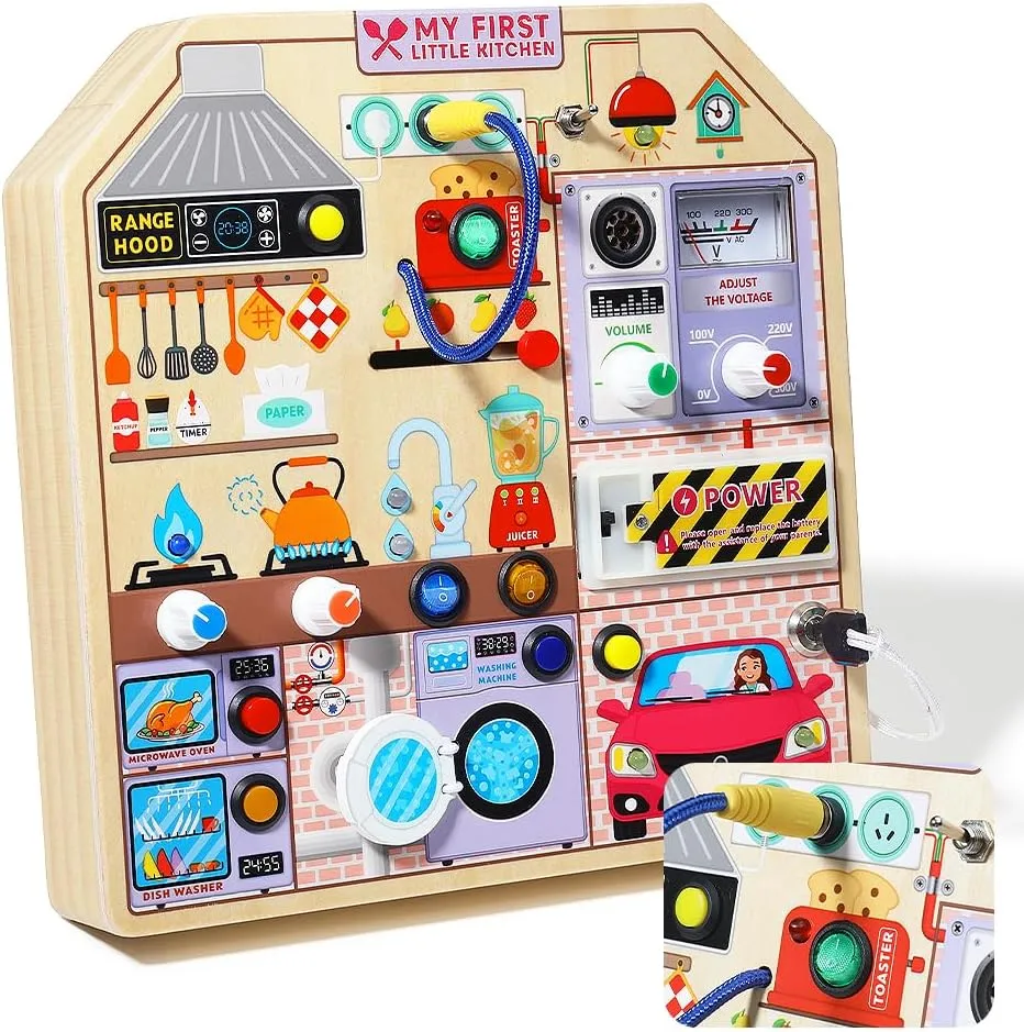 JAUNTY Kitchen Busy Board Toy for 3 4 5 Years Old, Wooden Sensory Toys Montessori 3-5 Toddler Girls Toy with Sound, Learning Kitchen Toys Great 1st First Birthday Gift for Girls Boys