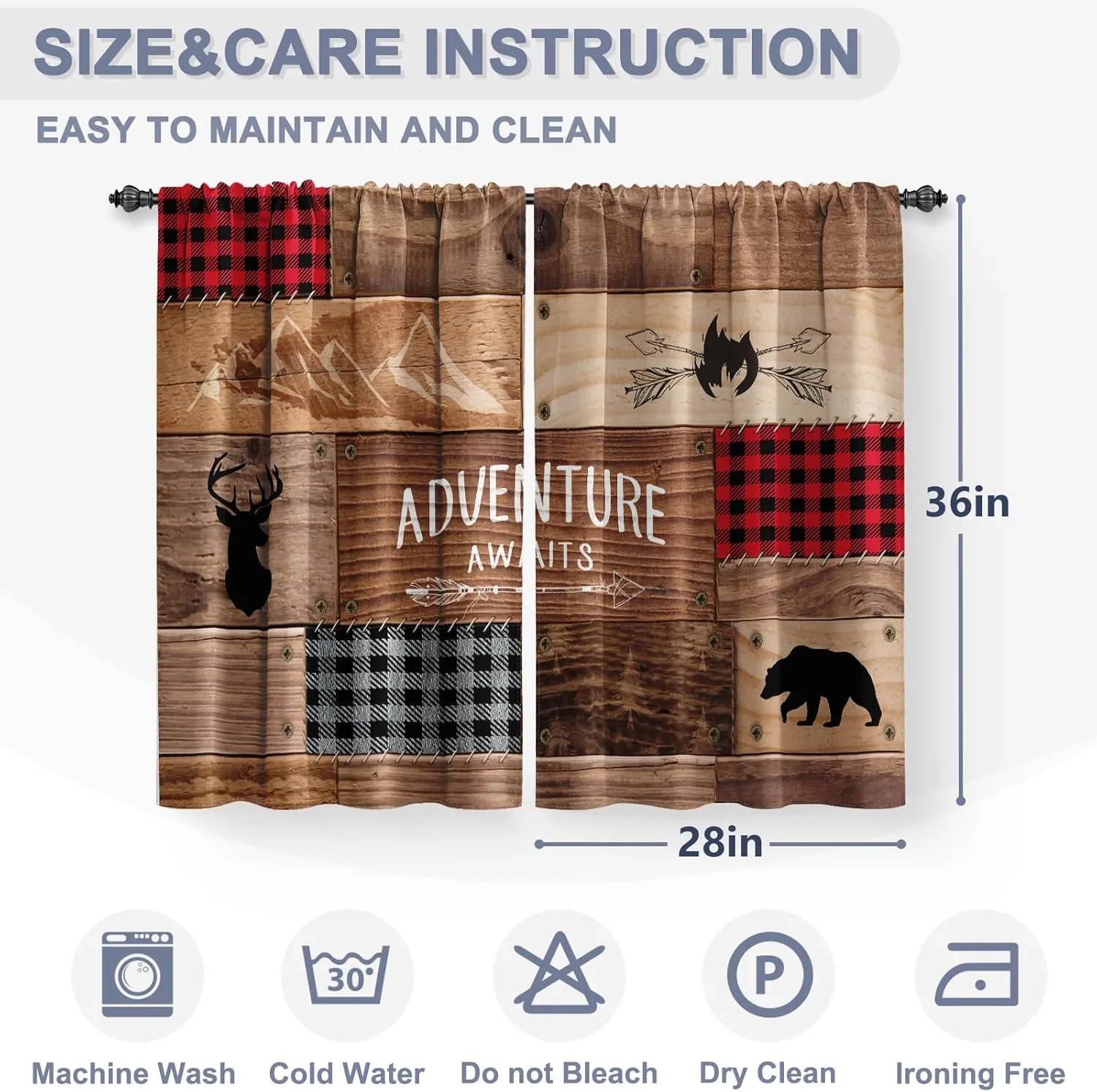 Jekeno Retro Wooden Farmhouse Kitchen Curtains: Rustic Lodge Bear Moose Deer Short Cafe Curtains Decor for Living Room Tier Curtains for Bathroom Rod Pocket Window Drapes 36Inch Length 2 Panels Set