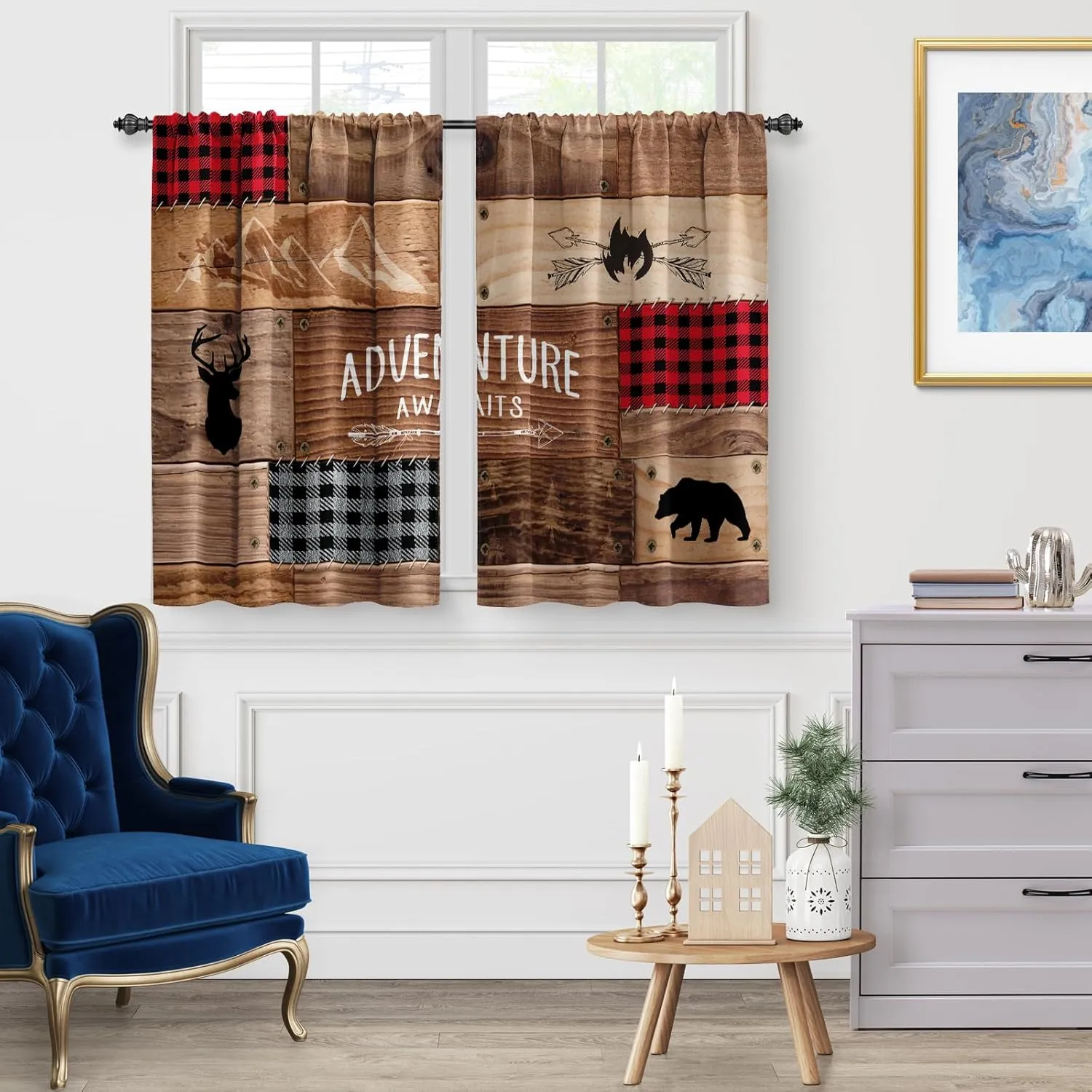 Jekeno Retro Wooden Farmhouse Kitchen Curtains: Rustic Lodge Bear Moose Deer Short Cafe Curtains Decor for Living Room Tier Curtains for Bathroom Rod Pocket Window Drapes 36Inch Length 2 Panels Set