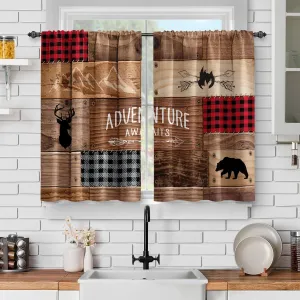Jekeno Retro Wooden Farmhouse Kitchen Curtains: Rustic Lodge Bear Moose Deer Short Cafe Curtains Decor for Living Room Tier Curtains for Bathroom Rod Pocket Window Drapes 36Inch Length 2 Panels Set