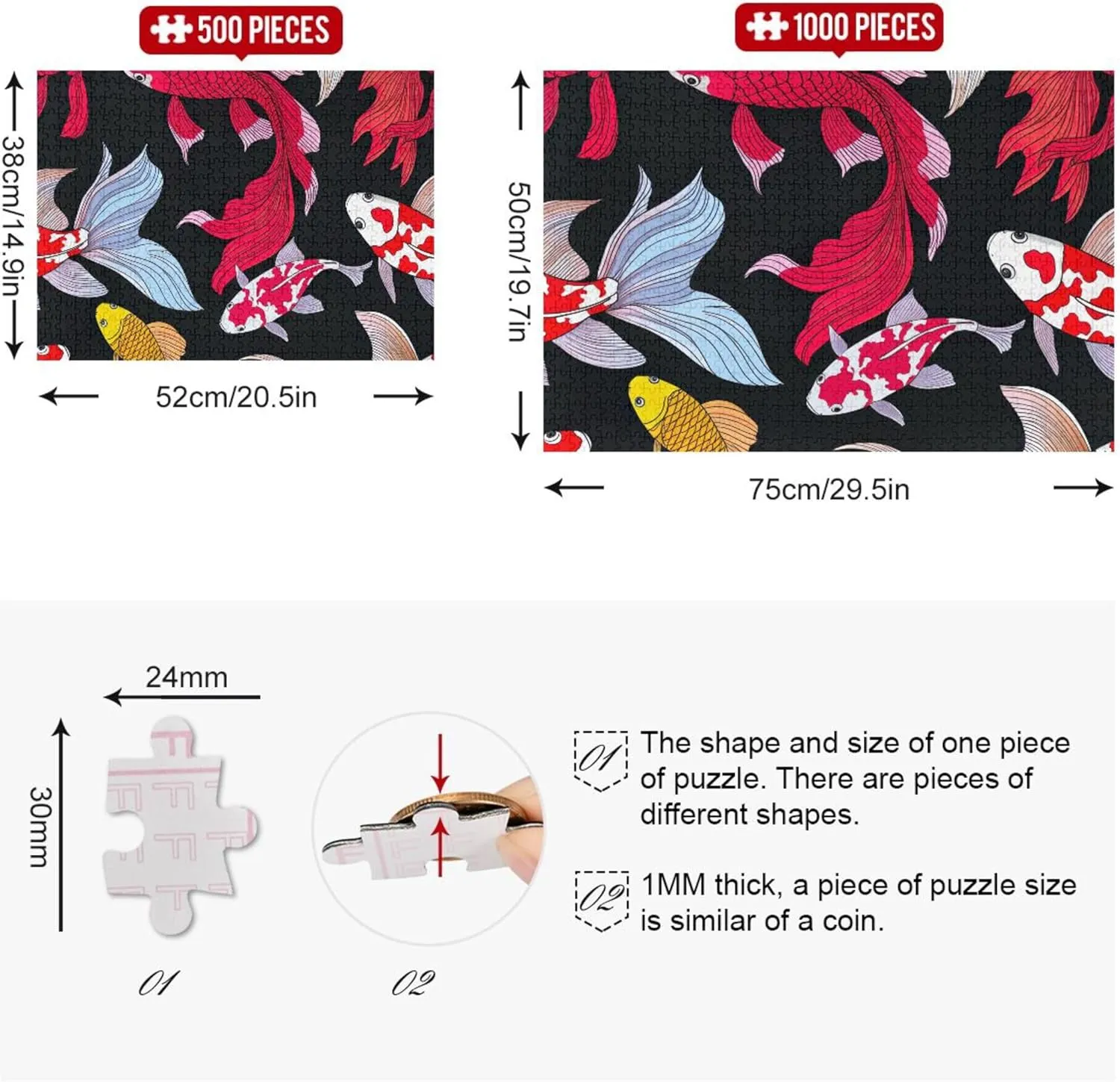 Jigsaw 1000 Puzzles for Adults Fine Art Painting Custom Men Gifts Unique Colorful Goldfish Koi Fish Black Funny Puzzle Game Gifts, 29.5x19.7 Inch