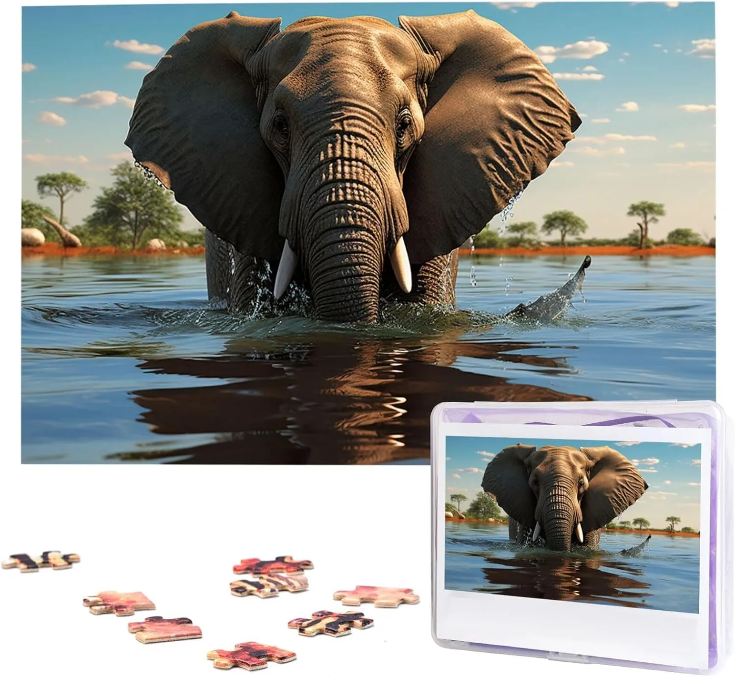 Jigsaw Puzzle for Adults 1000 Pieces Wooden Puzzle Modern Art Puzzle Elephant is Sitting in The Water Challenging Puzzles Custom Picture Puzzle Personalized Photo Puzzle for Gift Family
