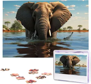 Jigsaw Puzzle for Adults 1000 Pieces Wooden Puzzle Modern Art Puzzle Elephant is Sitting in The Water Challenging Puzzles Custom Picture Puzzle Personalized Photo Puzzle for Gift Family