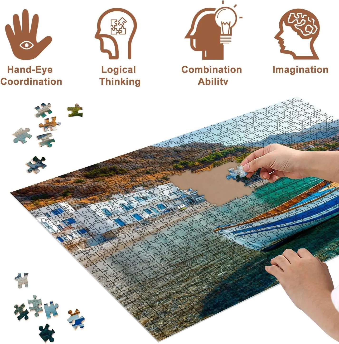 Jigsaw Puzzles 1000 Pieces for Adult Fishing Boat Scenic Village Loutro Crete Greece Puzzle Game for Family Wooden Puzzle Toy Educational Games Puzzles for Home Decor