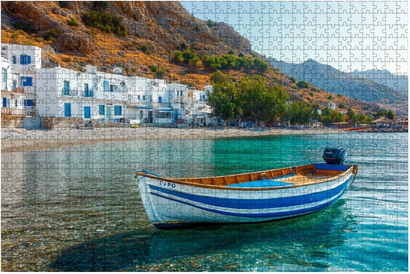 Jigsaw Puzzles 1000 Pieces for Adult Fishing Boat Scenic Village Loutro Crete Greece Puzzle Game for Family Wooden Puzzle Toy Educational Games Puzzles for Home Decor
