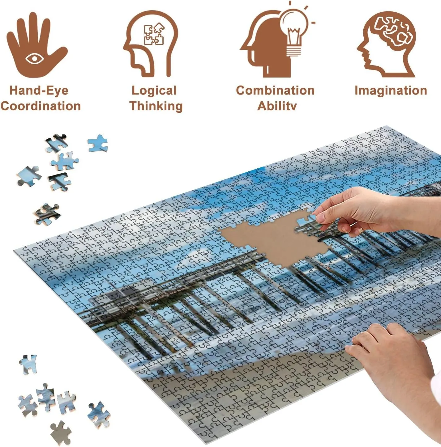Jigsaw Puzzles 1000 Pieces for Adult Fishing pier Atlantic Ocean Margate City New Jersey Puzzle Game for Family Wooden Puzzle Toy Educational Games Puzzles for Home Decor