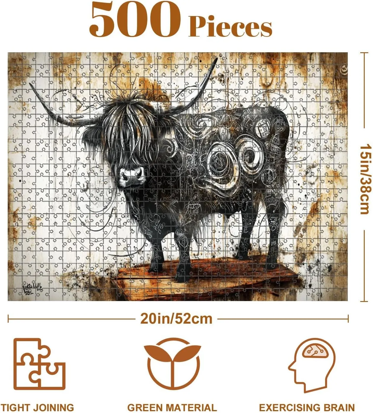 Jigsaw Puzzles 500 Pieces for Adult Abstract Highland Cow Graffiti Fur Urban Mural Puzzle Game for Family Wooden Puzzle Toy Educational Games Puzzles for Home Decor