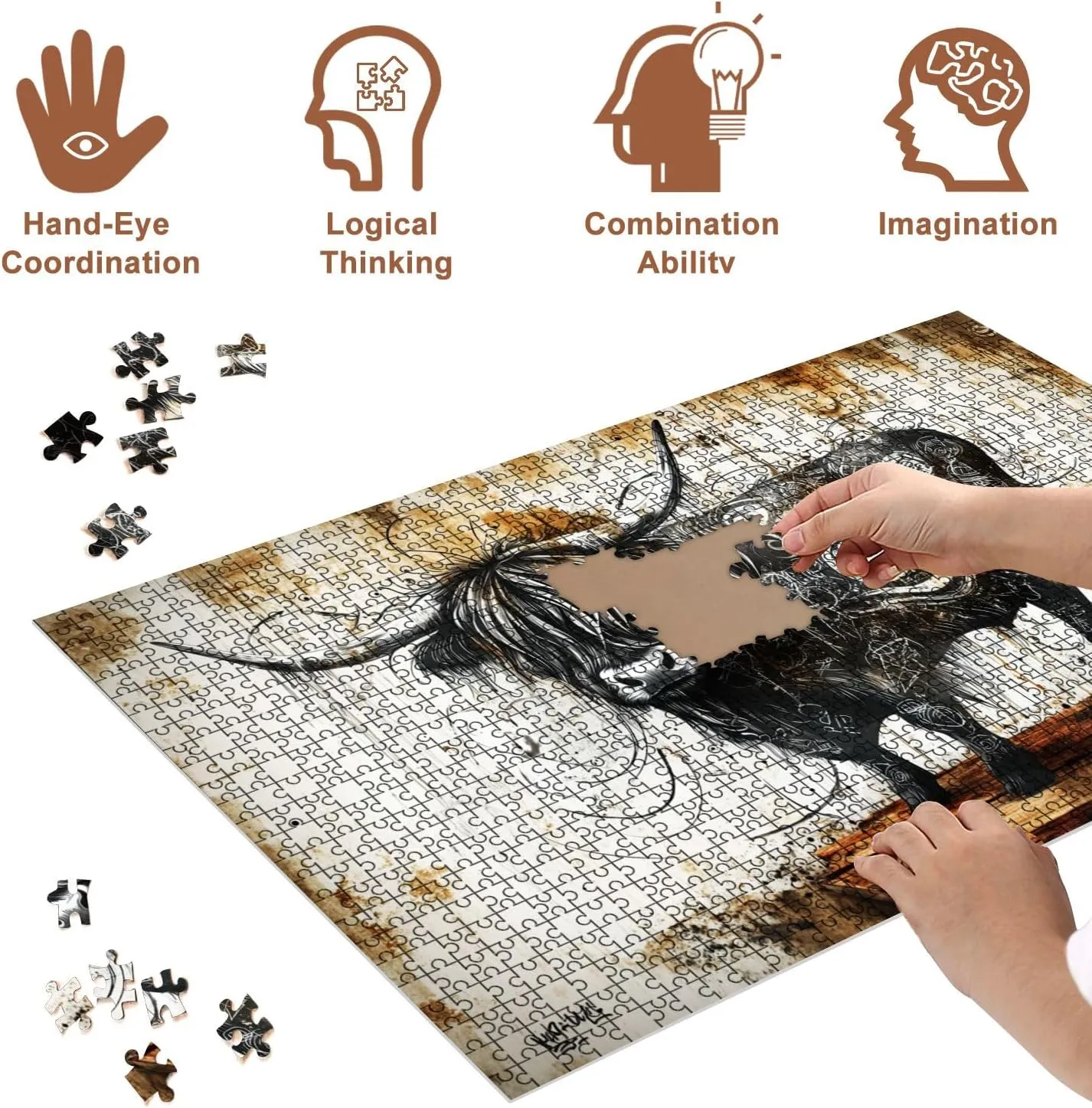 Jigsaw Puzzles 500 Pieces for Adult Abstract Highland Cow Graffiti Fur Urban Mural Puzzle Game for Family Wooden Puzzle Toy Educational Games Puzzles for Home Decor