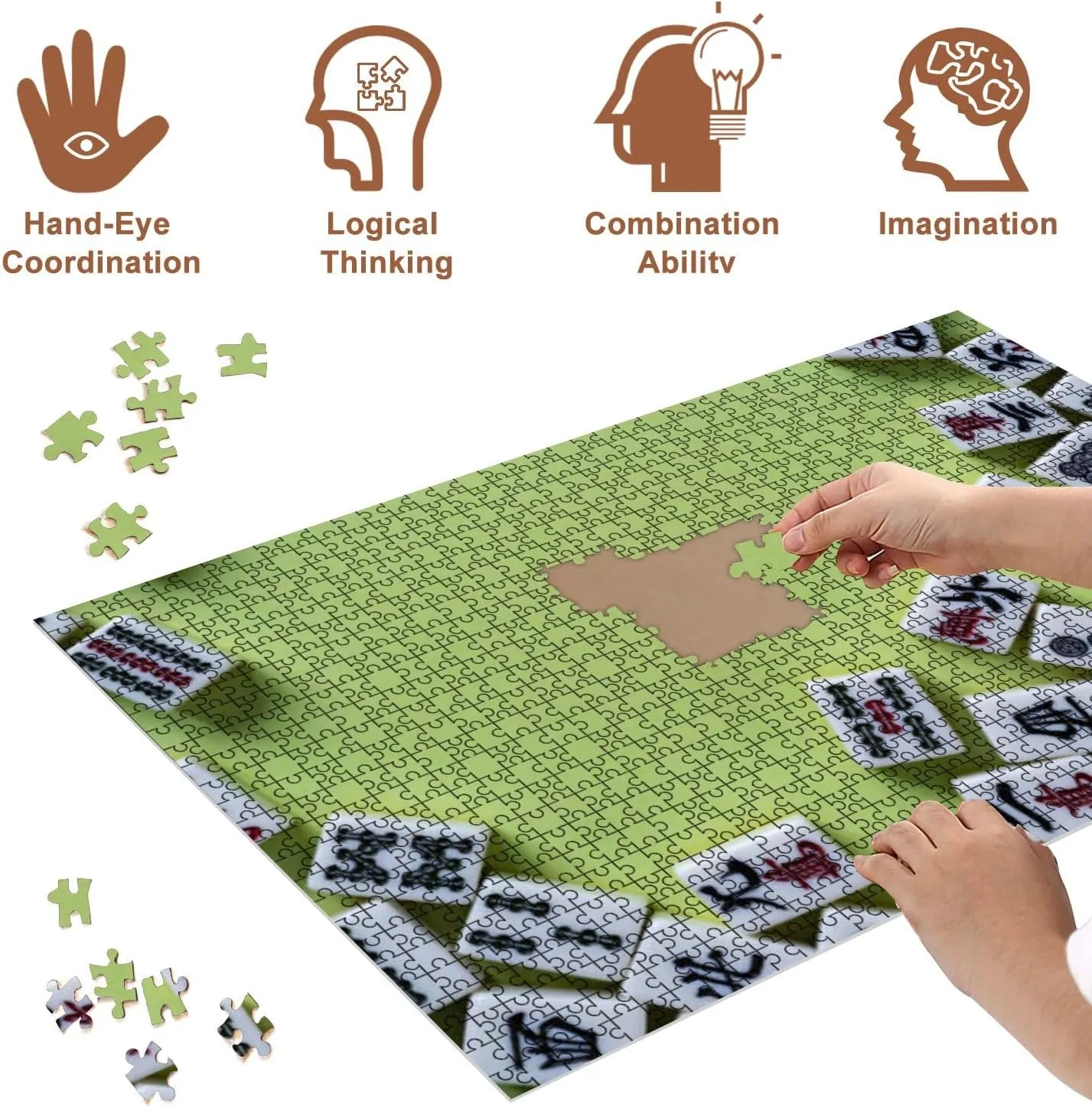 Jigsaw Puzzles 500 Pieces for Adult Mahjong Tiles Lined up Green Puzzle Game for Family Wooden Puzzle Toy Educational Games Puzzles for Home Decor