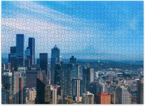 Jigsaw Puzzles 500 Pieces for Adult Panoramic Seattle Financial District Skyline City Downtown Mount Puzzle Game for Family Wooden Puzzle Toy Educational Games Puzzles for Home Decor