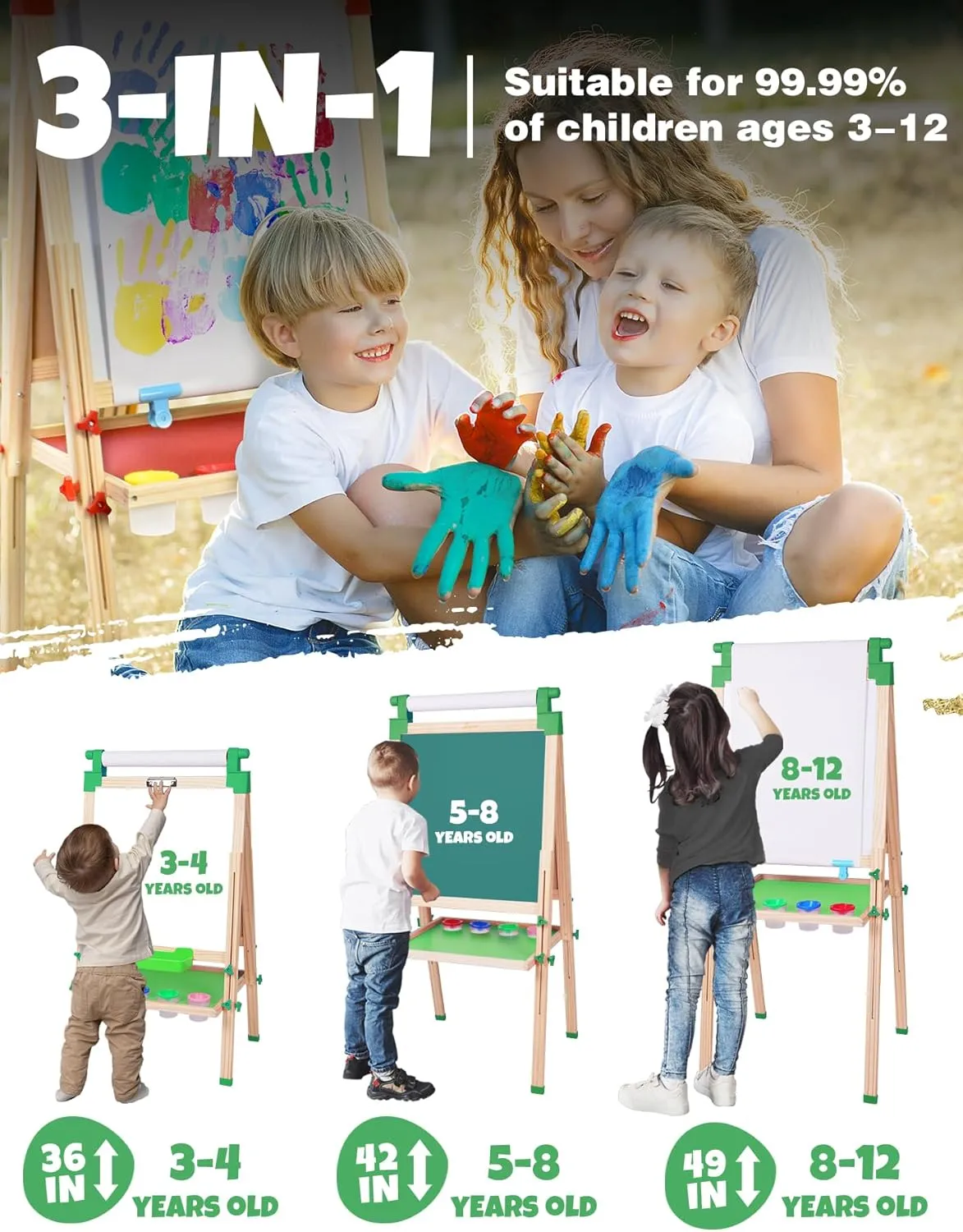 JOYOOSS Easel for Kids - Adjustable Wooden Art Easel With Paper Roll, Magnetic Double Sided Dry Erase Board, Outdoor Easel for Toddlers, Green