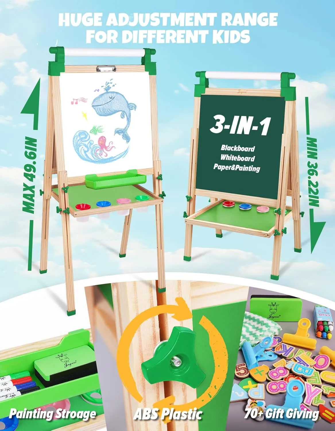 JOYOOSS Easel for Kids - Adjustable Wooden Art Easel With Paper Roll, Magnetic Double Sided Dry Erase Board, Outdoor Easel for Toddlers, Green