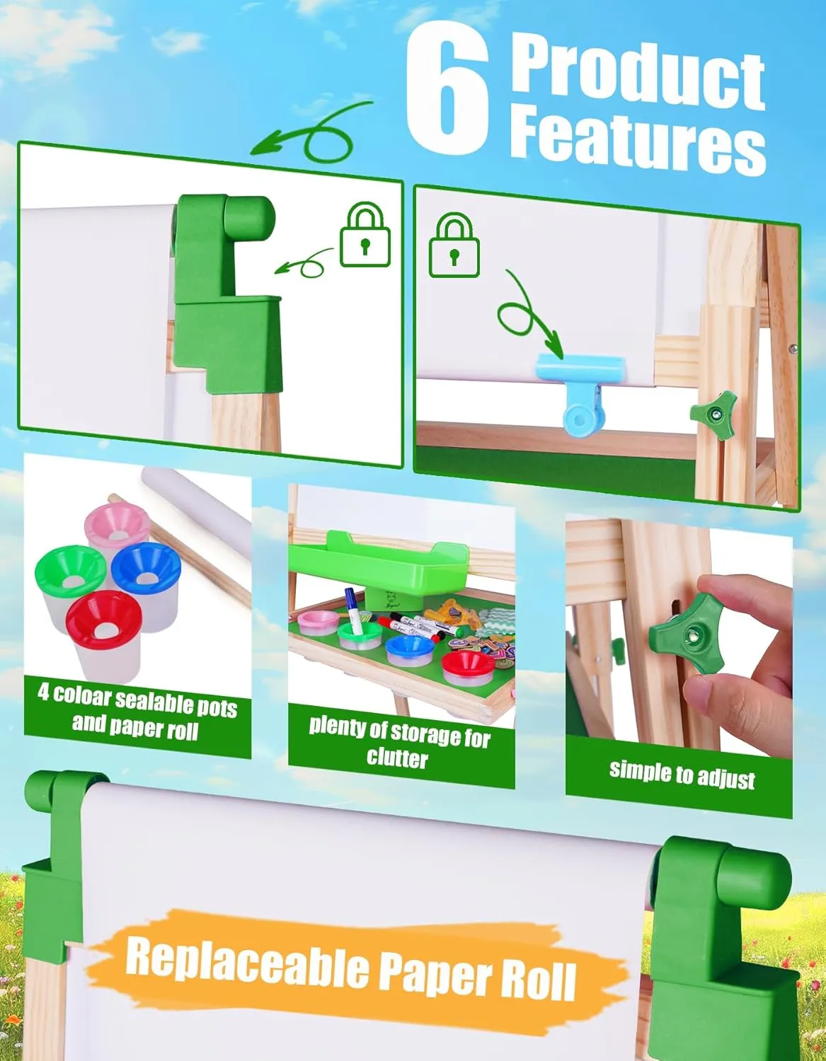 JOYOOSS Easel for Kids - Adjustable Wooden Art Easel With Paper Roll, Magnetic Double Sided Dry Erase Board, Outdoor Easel for Toddlers, Green