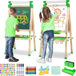JOYOOSS Easel for Kids - Adjustable Wooden Art Easel With Paper Roll, Magnetic Double Sided Dry Erase Board, Outdoor Easel for Toddlers, Green