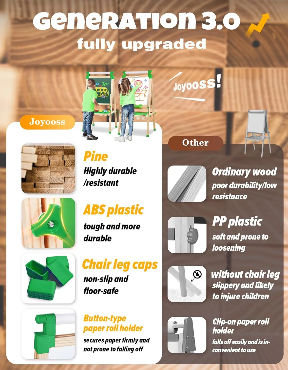 JOYOOSS Easel for Kids - Adjustable Wooden Art Easel With Paper Roll, Magnetic Double Sided Dry Erase Board, Outdoor Easel for Toddlers, Green