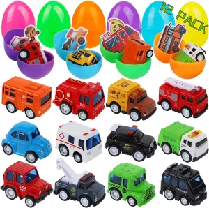Juegoal Set of 12 Metal Pull Back Cars and Trucks Set for 3-6 Year Old Toddlers, Easter Eggs Filled Alloy Vehicles Toys for Girls Boys Kids, Easter Egg Hunt Stuffers Filler, Party Favor Easter Gifts