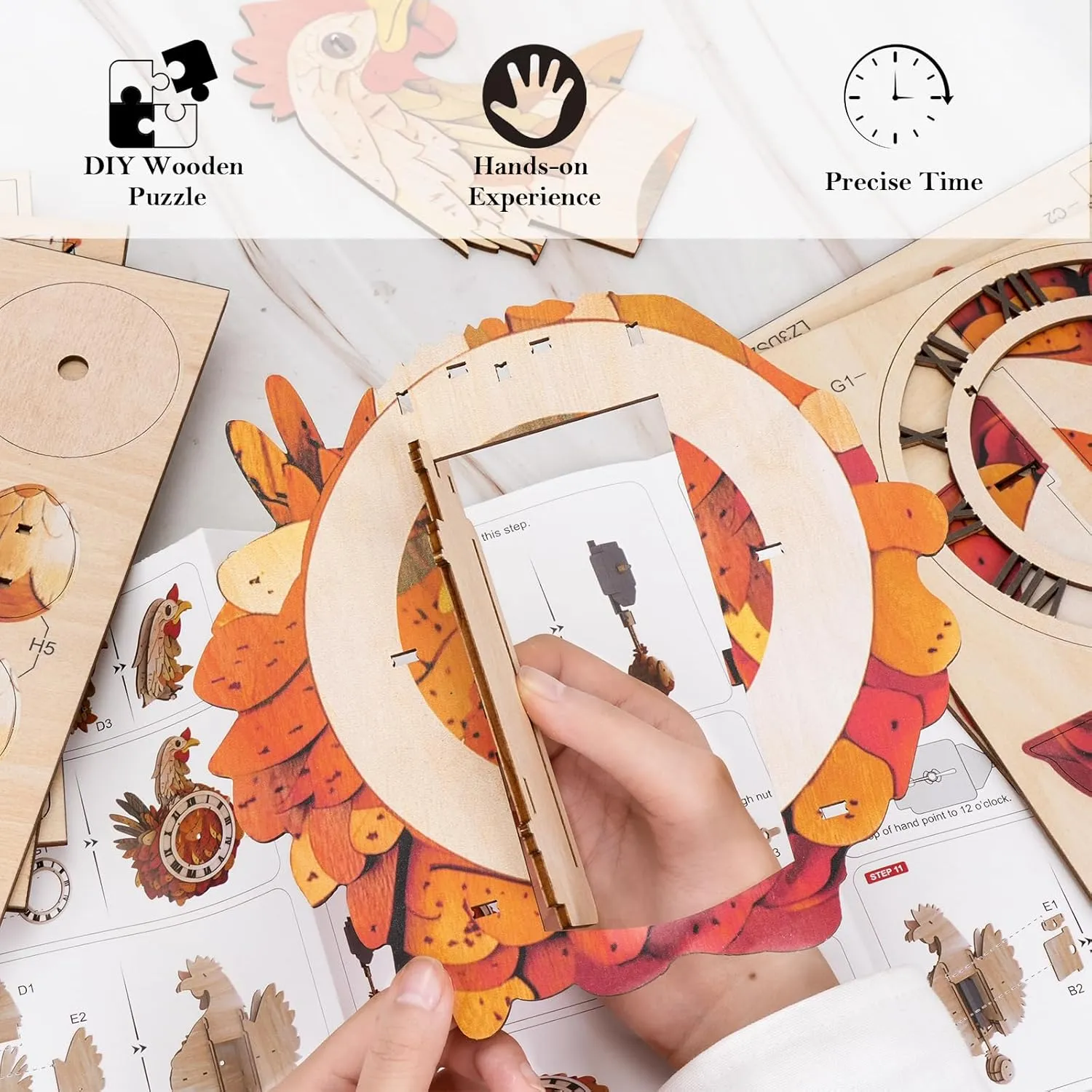 KAAYEE 3D Wooden Puzzles for Adults Chicken Clock - Model Building Kit ‌‌Hen Clock Puzzle Creative Craft Gift Home Deco for DIY Enthusiasts, Brain Teaser Building Set Birthday Gifts