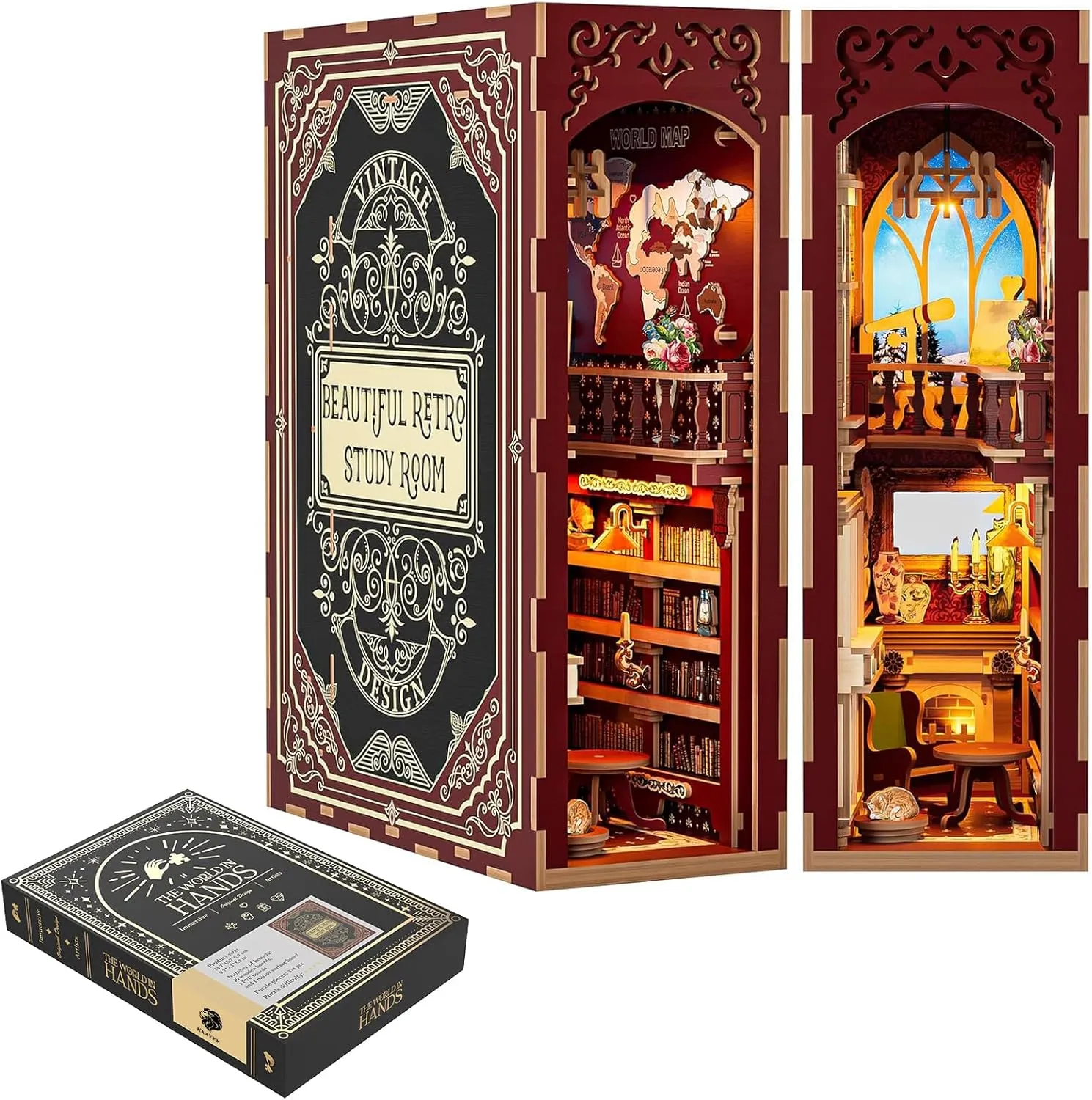 KAAYEE DIY Book Nook Kit, 3D Wooden Puzzle Miniature Booknook Bookend Bookshelf Decor with LED Light, Book Nook Kits for Adults (Magic World)