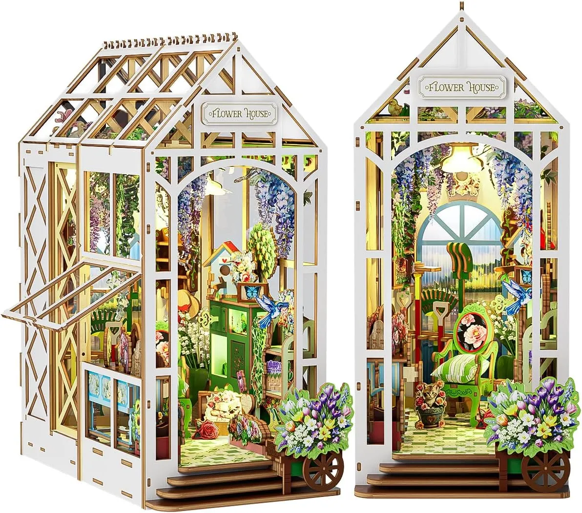 KAAYEE DIY Book Nook Kit, 3D Wooden Puzzle Miniature Booknook Bookend Bookshelf Decor with LED Light, Flower House Bookshelf Insert Booknook, Book Nook Kits for Adults (Flower House)