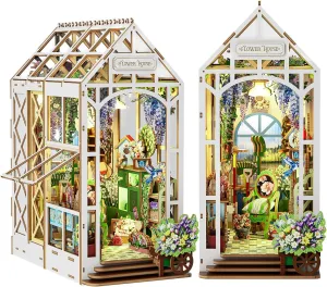 KAAYEE DIY Book Nook Kit, 3D Wooden Puzzle Miniature Booknook Bookend Bookshelf Decor with LED Light, Flower House Bookshelf Insert Booknook, Book Nook Kits for Adults (Flower House)