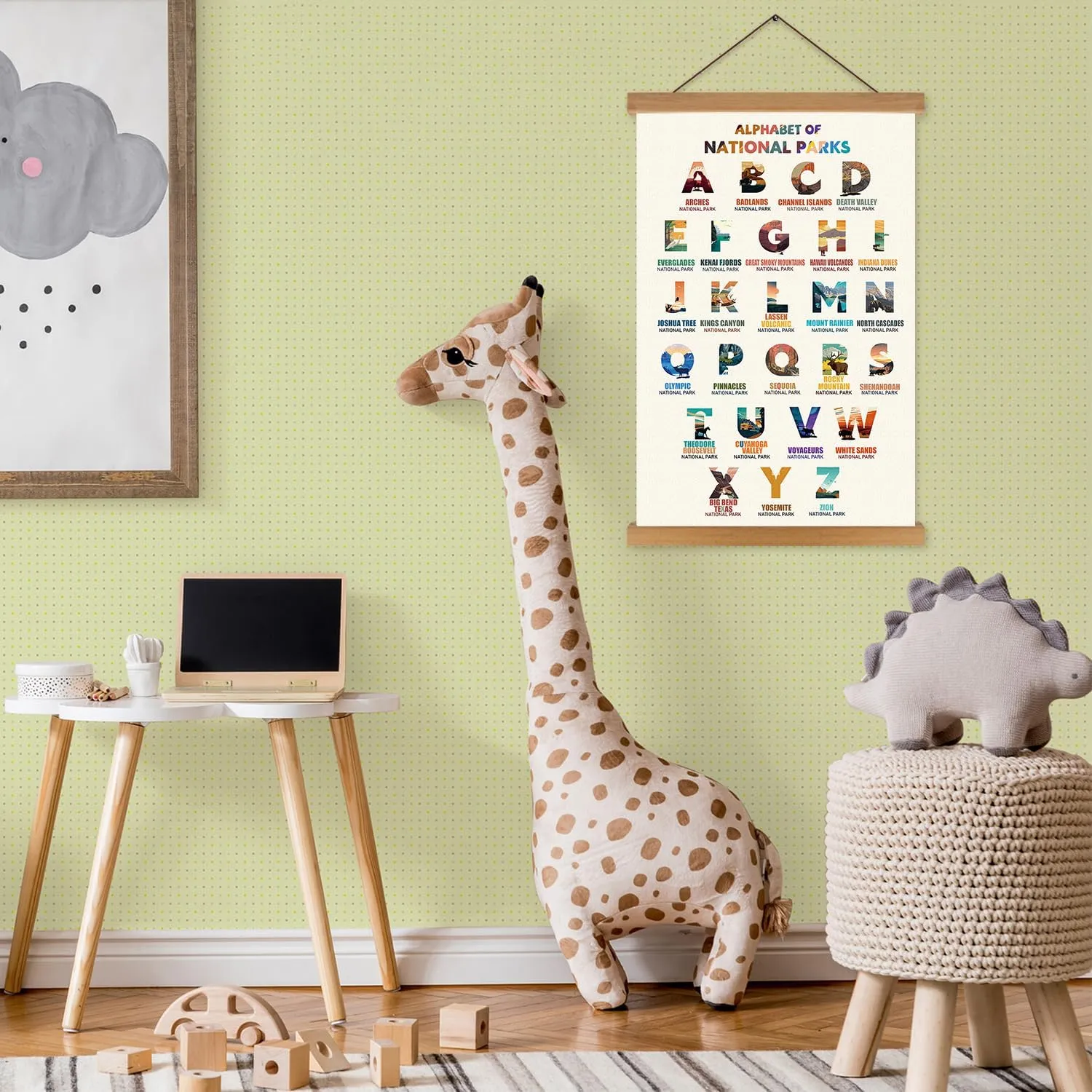 KAIRNE National Parks ABC Poster,Nature Scenery Alphabet Canvas Art Print,Travel Themed Wall Decor with Wood Magnetic Hanging Decoration(35X56CM) Alphabet of National Parks for Traveler Room Decor
