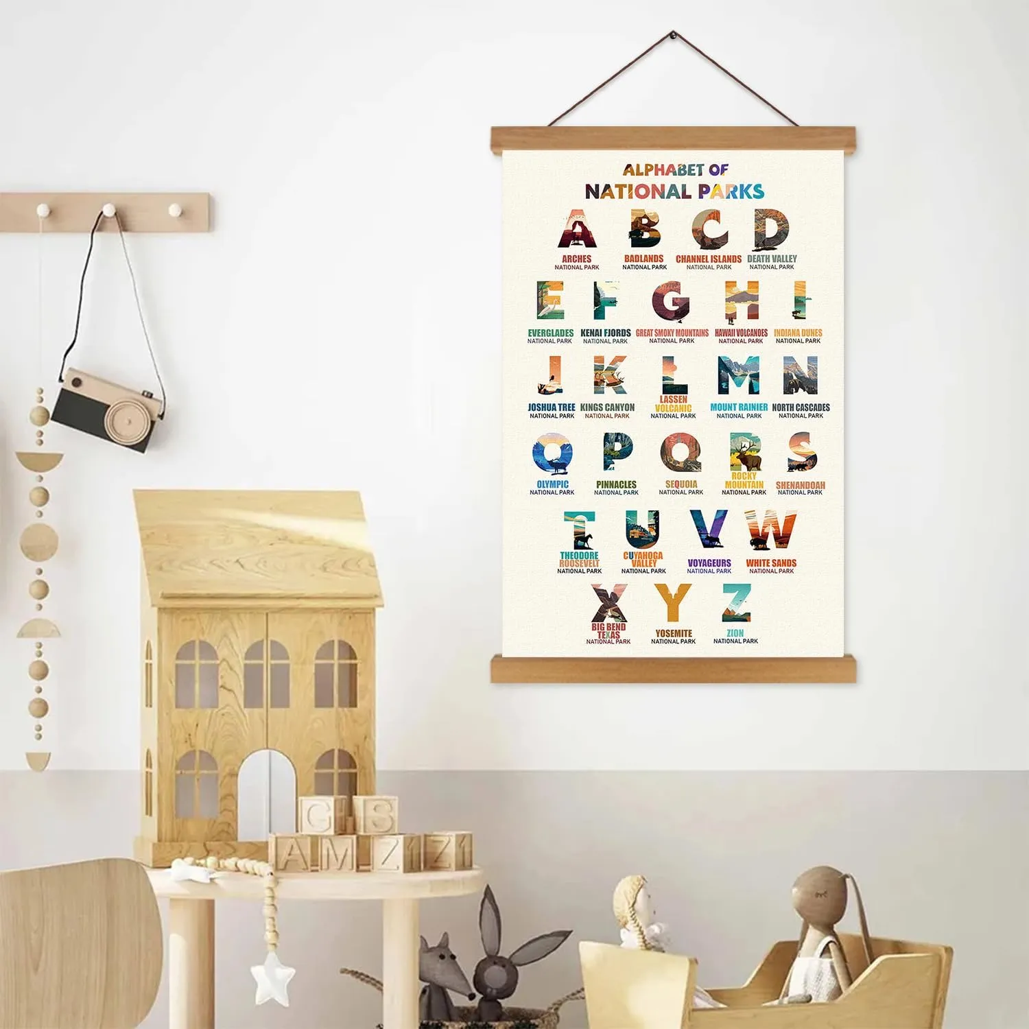 KAIRNE National Parks ABC Poster,Nature Scenery Alphabet Canvas Art Print,Travel Themed Wall Decor with Wood Magnetic Hanging Decoration(35X56CM) Alphabet of National Parks for Traveler Room Decor