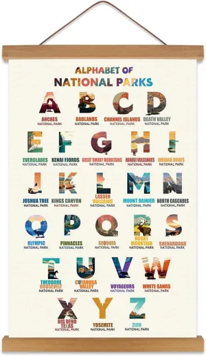 KAIRNE National Parks ABC Poster,Nature Scenery Alphabet Canvas Art Print,Travel Themed Wall Decor with Wood Magnetic Hanging Decoration(35X56CM) Alphabet of National Parks for Traveler Room Decor
