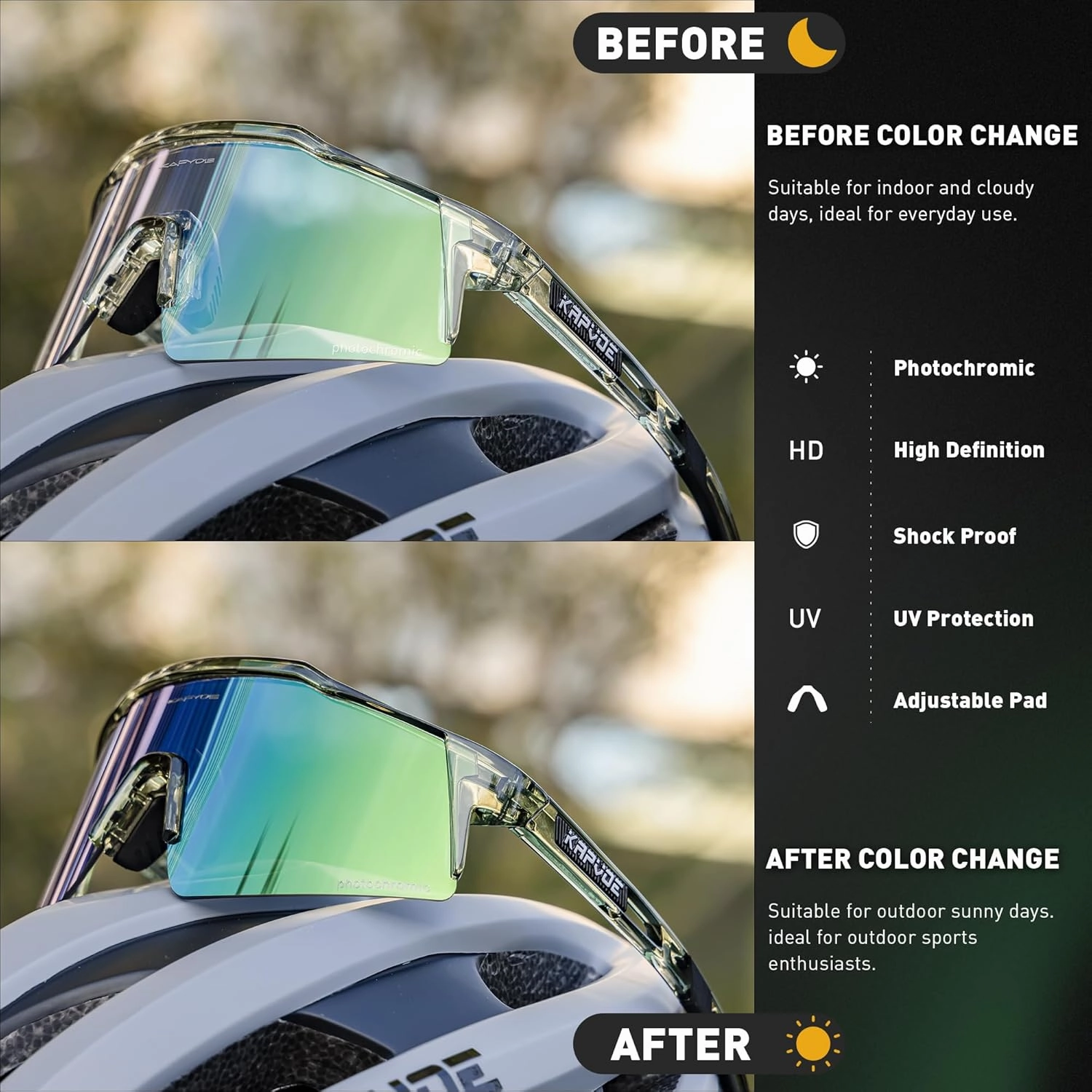 KAPVOE Photochromic Cycling Glasses Men Women Clear Transition Mountain Bike Sunglasses Sports Baseball Running - K9023