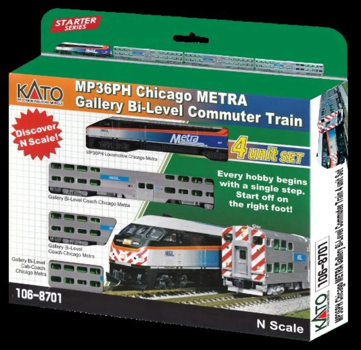 Kato USA Model Train Products MPI MP36PH Chicago Metra Gallery Bi-Level 4-Unit Set