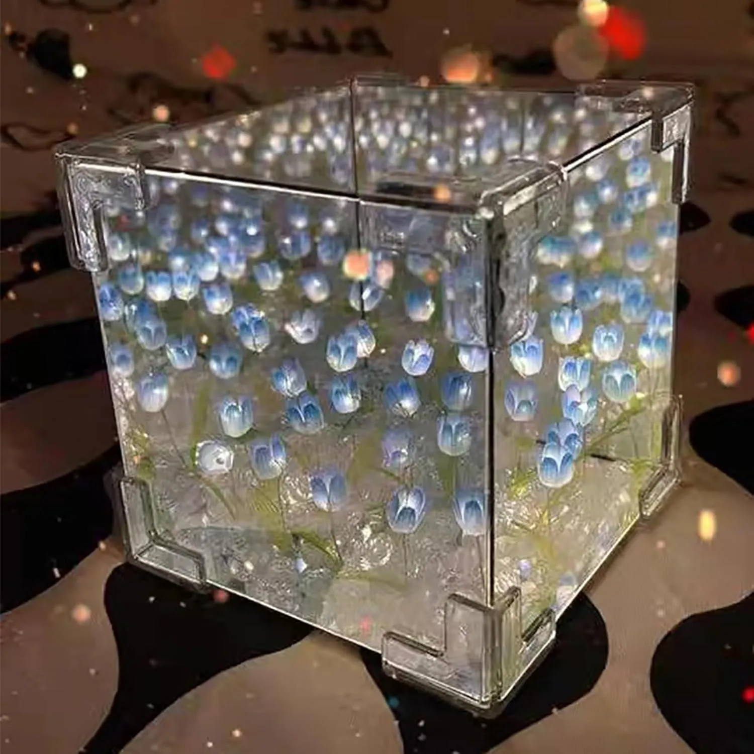 keeda Finished Cube Tulip Mirror Lamp LED Handmade Simulated Tulip Table Lamp DIY Creative Magic Cube Mirror Night Light Tulip Lamp for Valentines Birthday (Blue, Cube)