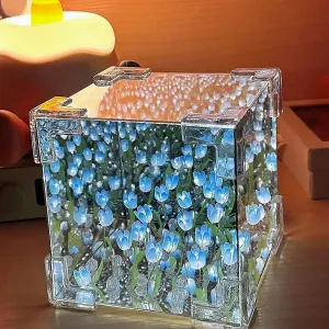 keeda Finished Cube Tulip Mirror Lamp LED Handmade Simulated Tulip Table Lamp DIY Creative Magic Cube Mirror Night Light Tulip Lamp for Valentines Birthday (Blue, Cube)