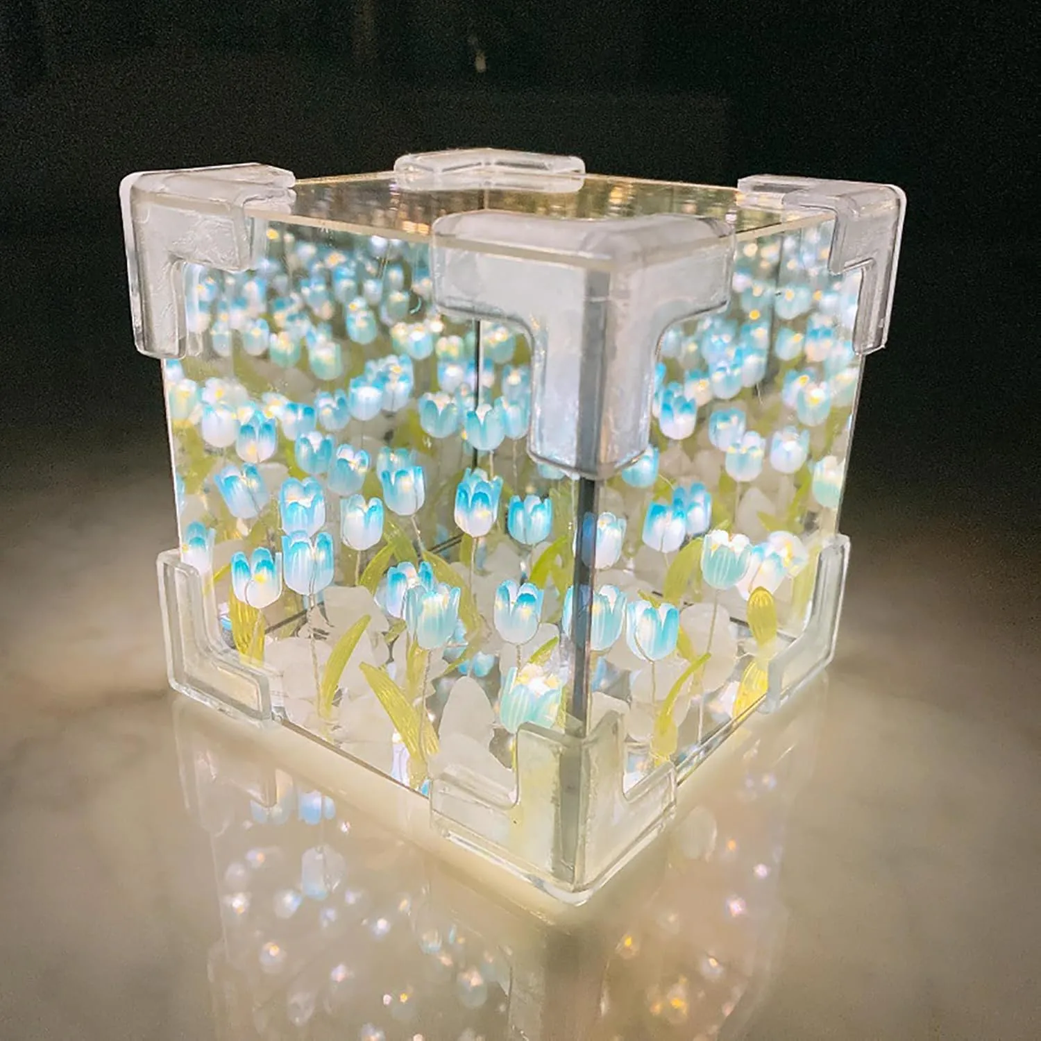 keeda Finished Cube Tulip Mirror Lamp LED Handmade Simulated Tulip Table Lamp DIY Creative Magic Cube Mirror Night Light Tulip Lamp for Valentines Birthday (Blue, Cube)