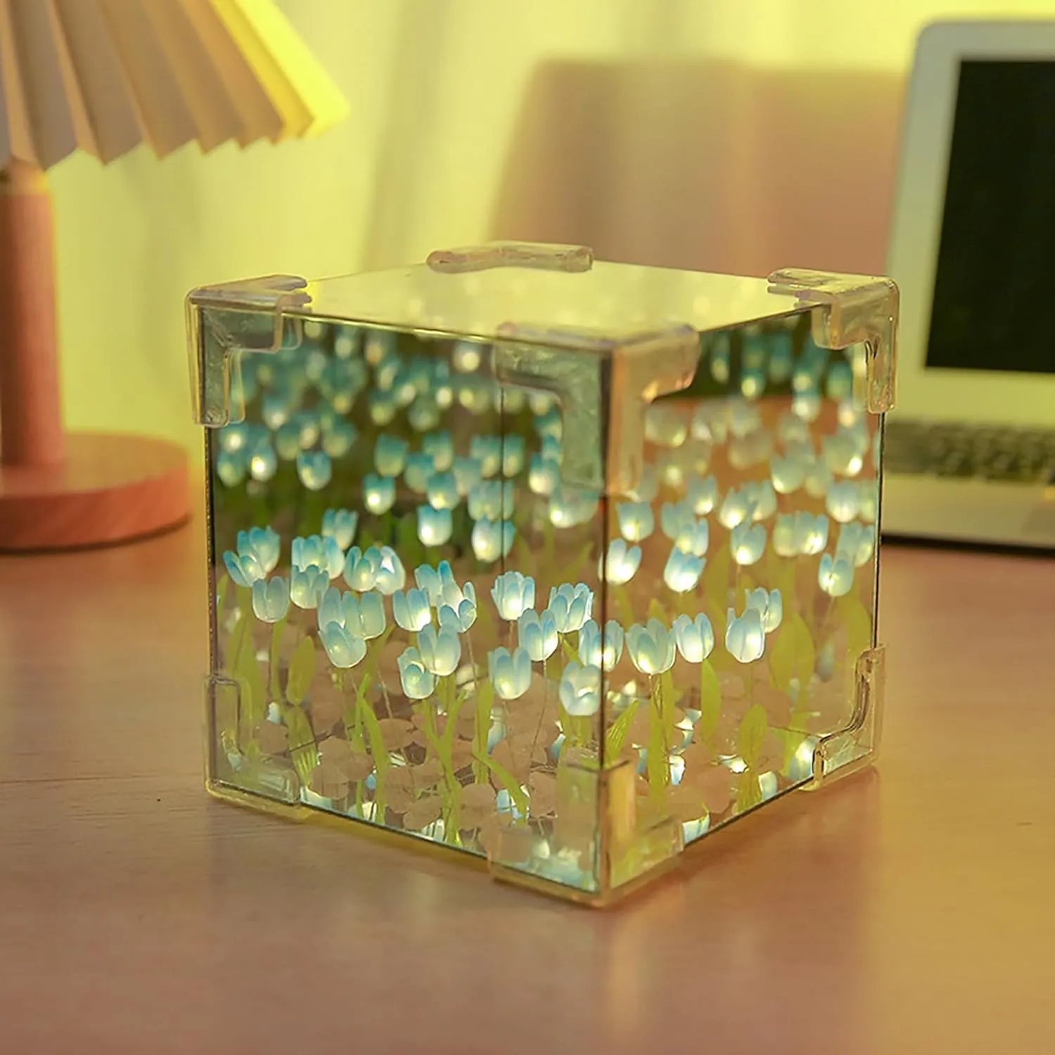 keeda Finished Cube Tulip Mirror Lamp LED Handmade Simulated Tulip Table Lamp DIY Creative Magic Cube Mirror Night Light Tulip Lamp for Valentines Birthday (Blue, Cube)
