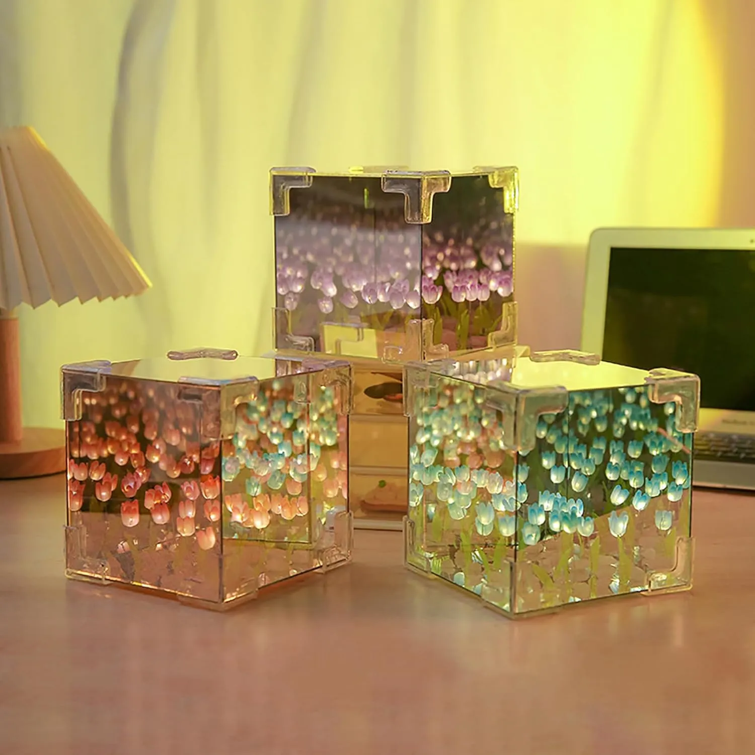 keeda Finished Cube Tulip Mirror Lamp LED Handmade Simulated Tulip Table Lamp DIY Creative Magic Cube Mirror Night Light Tulip Lamp for Valentines Birthday (Blue, Cube)