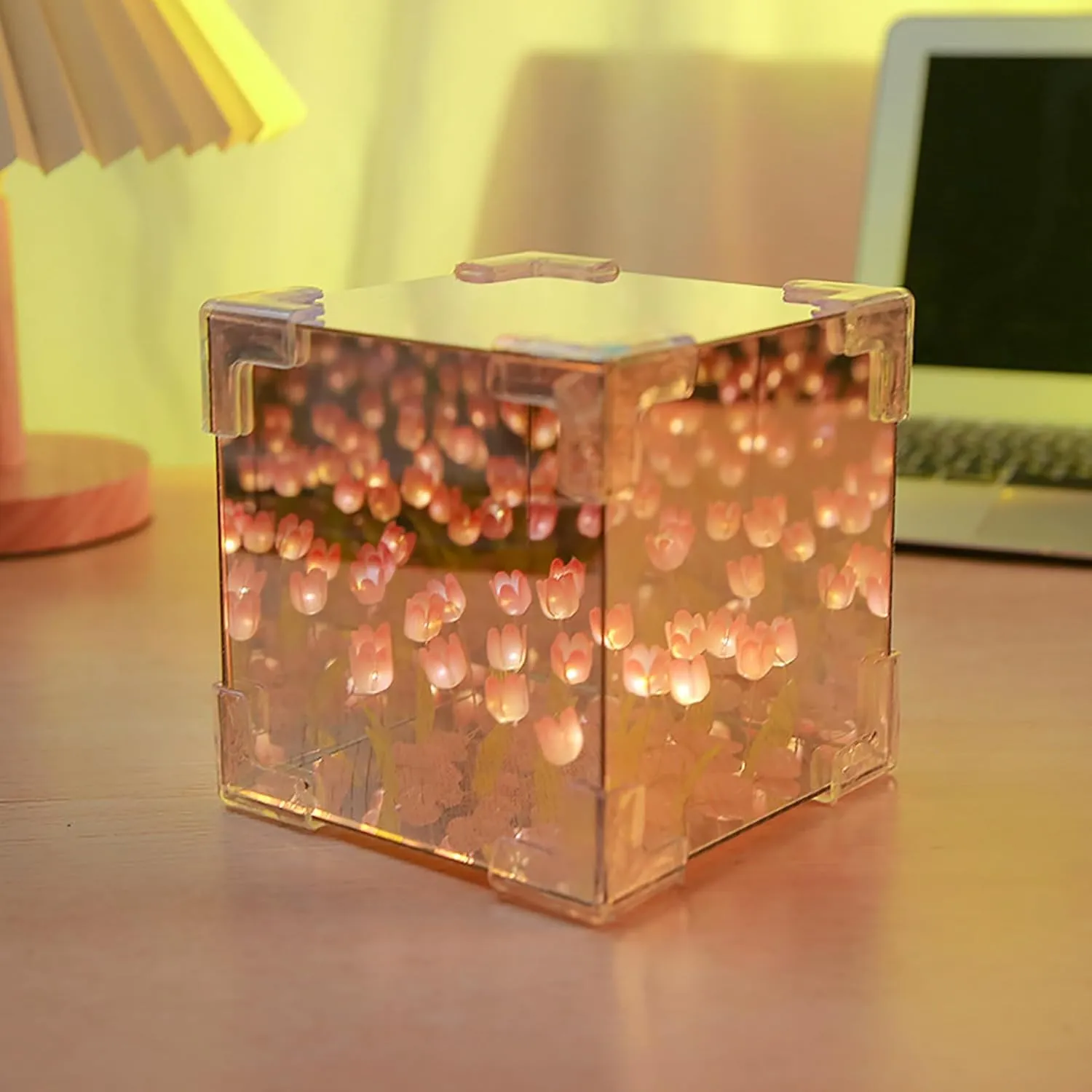 keeda Finished Cube Tulip Mirror Lamp LED Handmade Simulated Tulip Table Lamp DIY Creative Magic Cube Mirror Night Light Tulip Lamp for Valentines Birthday (Pink, Cube)