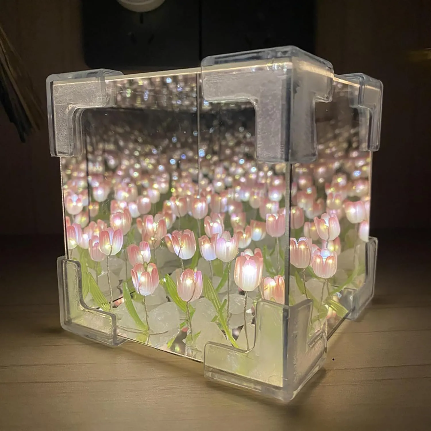 keeda Finished Cube Tulip Mirror Lamp LED Handmade Simulated Tulip Table Lamp DIY Creative Magic Cube Mirror Night Light Tulip Lamp for Valentines Birthday (Pink, Cube)