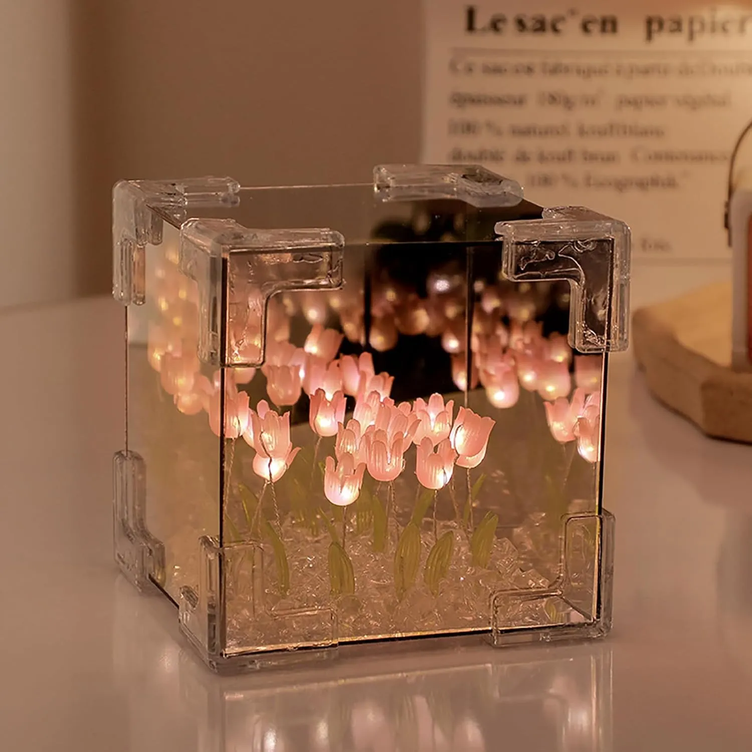 keeda Finished Cube Tulip Mirror Lamp LED Handmade Simulated Tulip Table Lamp DIY Creative Magic Cube Mirror Night Light Tulip Lamp for Valentines Birthday (Pink, Cube)