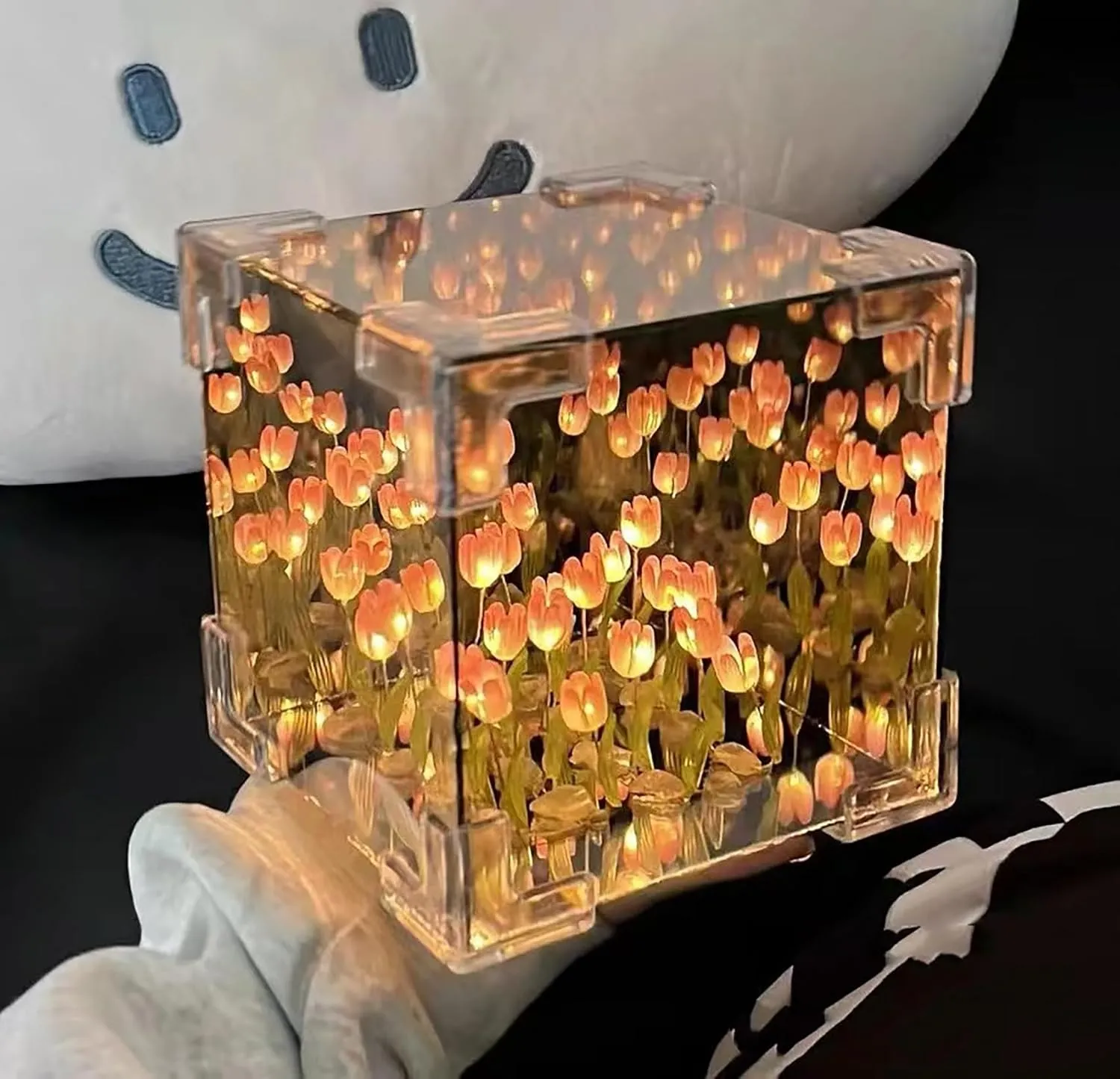 keeda Finished Cube Tulip Mirror Lamp LED Handmade Simulated Tulip Table Lamp DIY Creative Magic Cube Mirror Night Light Tulip Lamp for Valentines Birthday (Pink, Cube)
