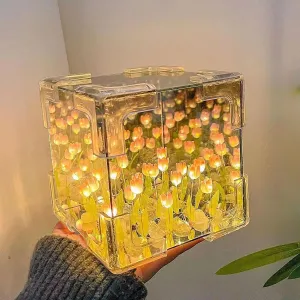 keeda Finished Cube Tulip Mirror Lamp LED Handmade Simulated Tulip Table Lamp DIY Creative Magic Cube Mirror Night Light Tulip Lamp for Valentines Birthday (Pink, Cube)