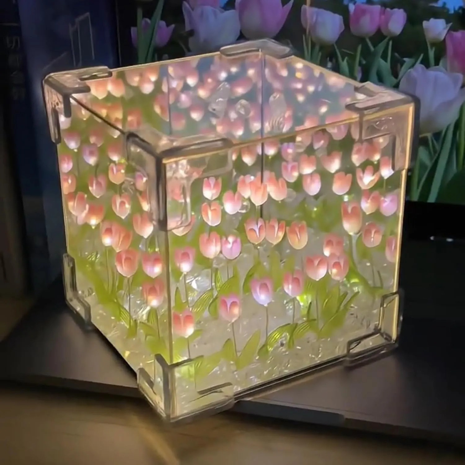 keeda Finished Cube Tulip Mirror Lamp LED Handmade Simulated Tulip Table Lamp DIY Creative Magic Cube Mirror Night Light Tulip Lamp for Valentines Birthday (Pink, Cube)
