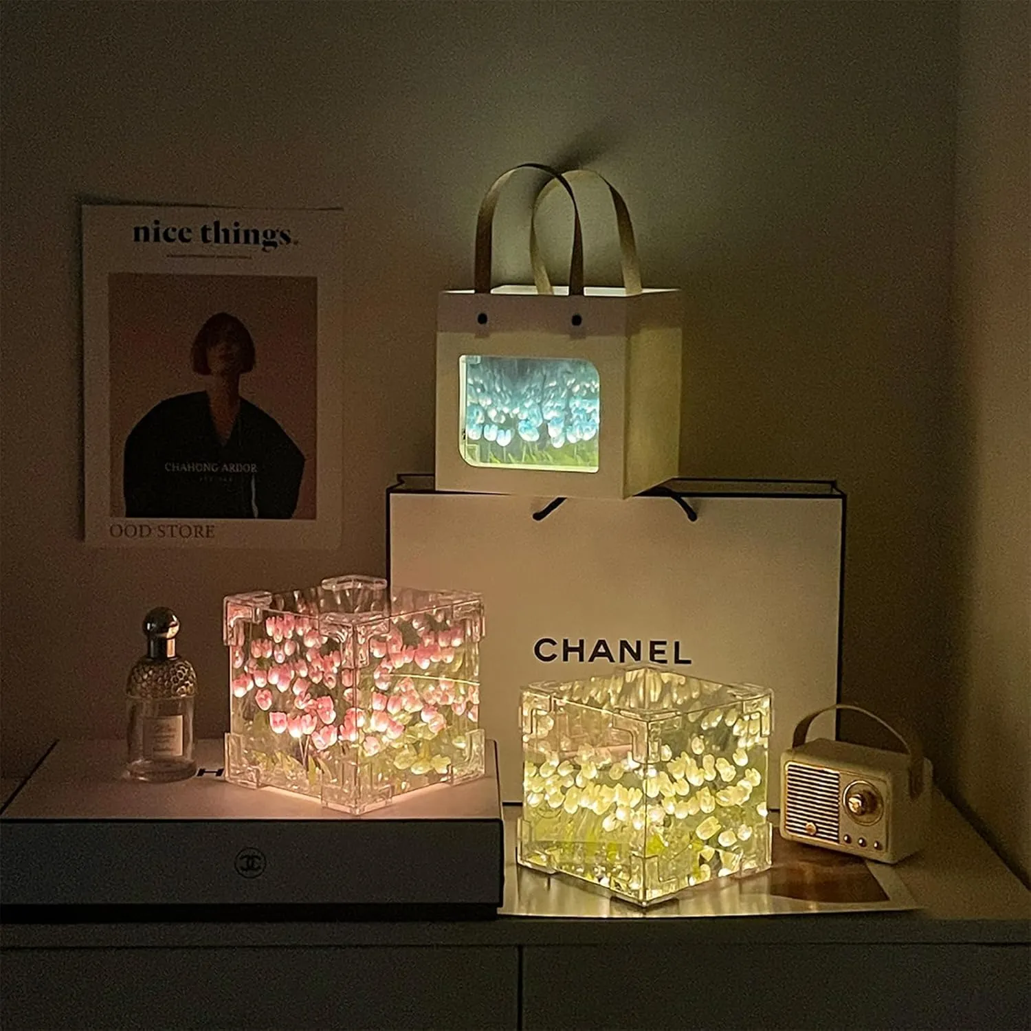 keeda Finished Cube Tulip Mirror Lamp LED Handmade Simulated Tulip Table Lamp DIY Creative Magic Cube Mirror Night Light Tulip Lamp for Valentines Birthday (Yellow, Cube)