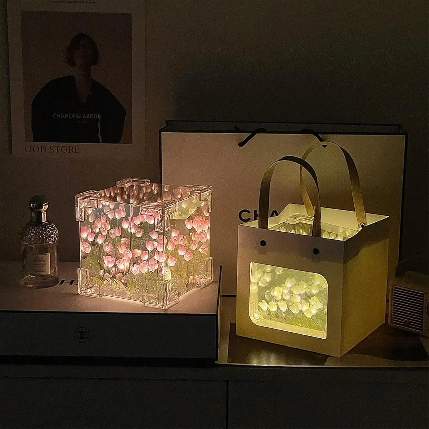 keeda Finished Cube Tulip Mirror Lamp LED Handmade Simulated Tulip Table Lamp DIY Creative Magic Cube Mirror Night Light Tulip Lamp for Valentines Birthday (Yellow, Cube)