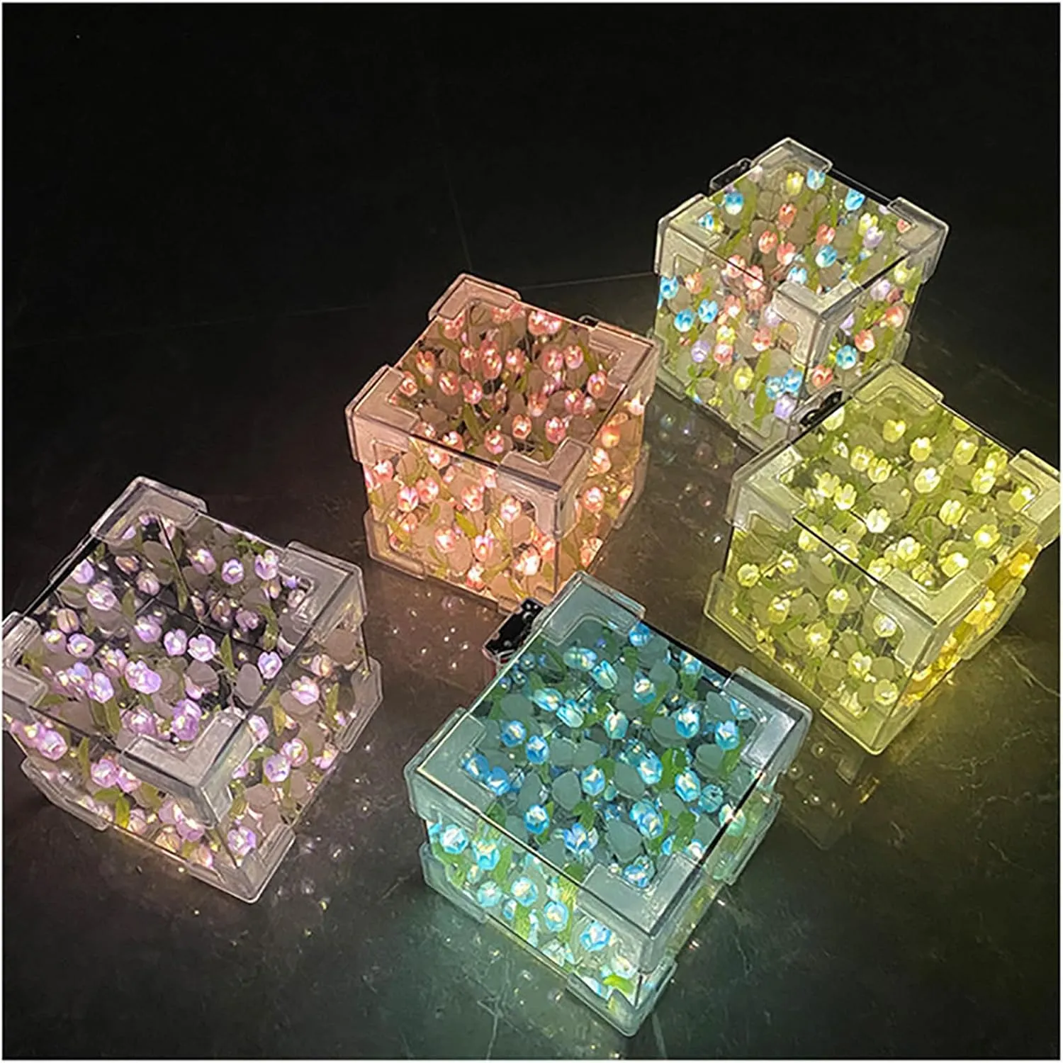 keeda Finished Cube Tulip Mirror Lamp LED Handmade Simulated Tulip Table Lamp DIY Creative Magic Cube Mirror Night Light Tulip Lamp for Valentines Birthday (Yellow, Cube)