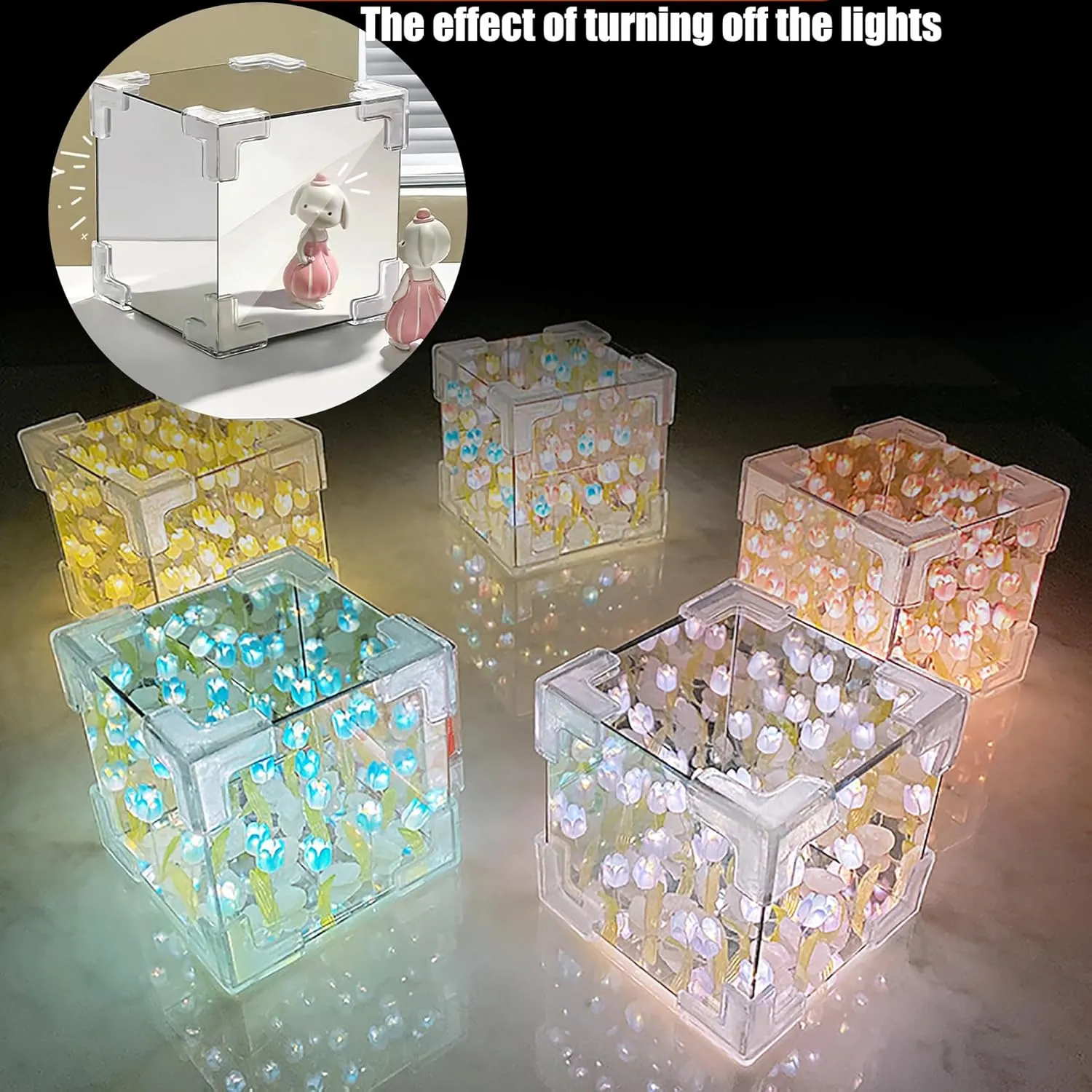 keeda Finished Cube Tulip Mirror Lamp LED Handmade Simulated Tulip Table Lamp DIY Creative Magic Cube Mirror Night Light Tulip Lamp for Valentines Birthday (Yellow, Cube)