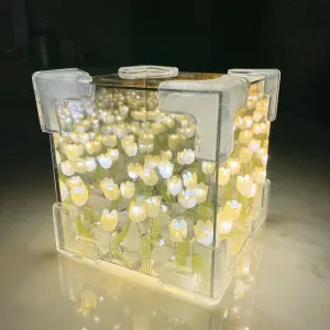 keeda Finished Cube Tulip Mirror Lamp LED Handmade Simulated Tulip Table Lamp DIY Creative Magic Cube Mirror Night Light Tulip Lamp for Valentines Birthday (Yellow, Cube)