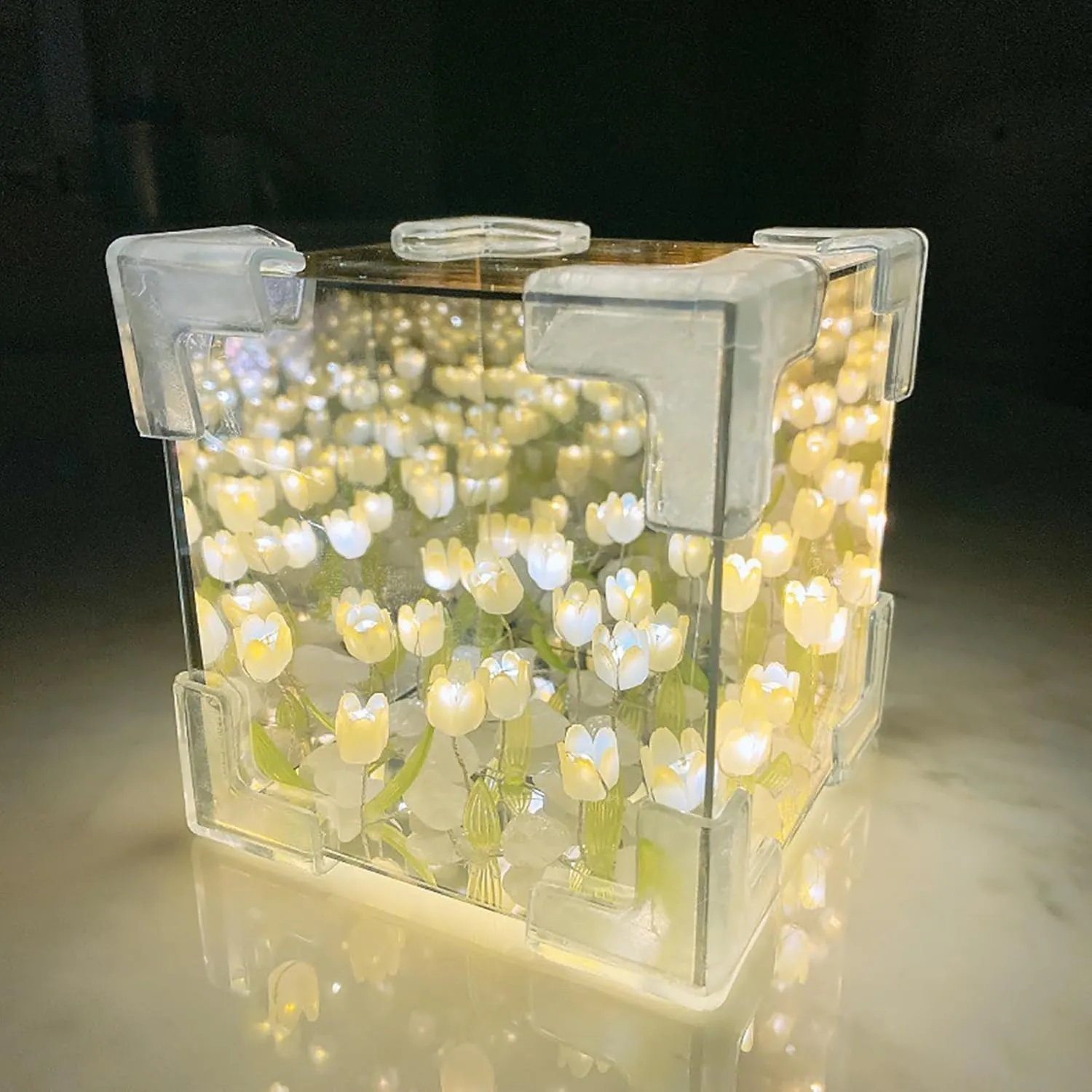 keeda Finished Cube Tulip Mirror Lamp LED Handmade Simulated Tulip Table Lamp DIY Creative Magic Cube Mirror Night Light Tulip Lamp for Valentines Birthday (Yellow, Cube)