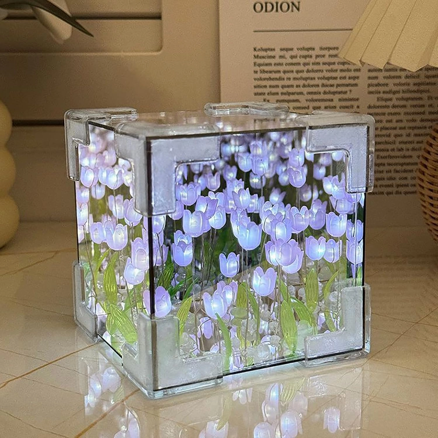 keeda Finished Cube Tulip Mirror Lamp LED Handmade Simulated Tulip Table Lamp DIY Creative Magic Cube Mirror Night Light Tulip Lamp for Valentines Birthday (Purple, Cube)