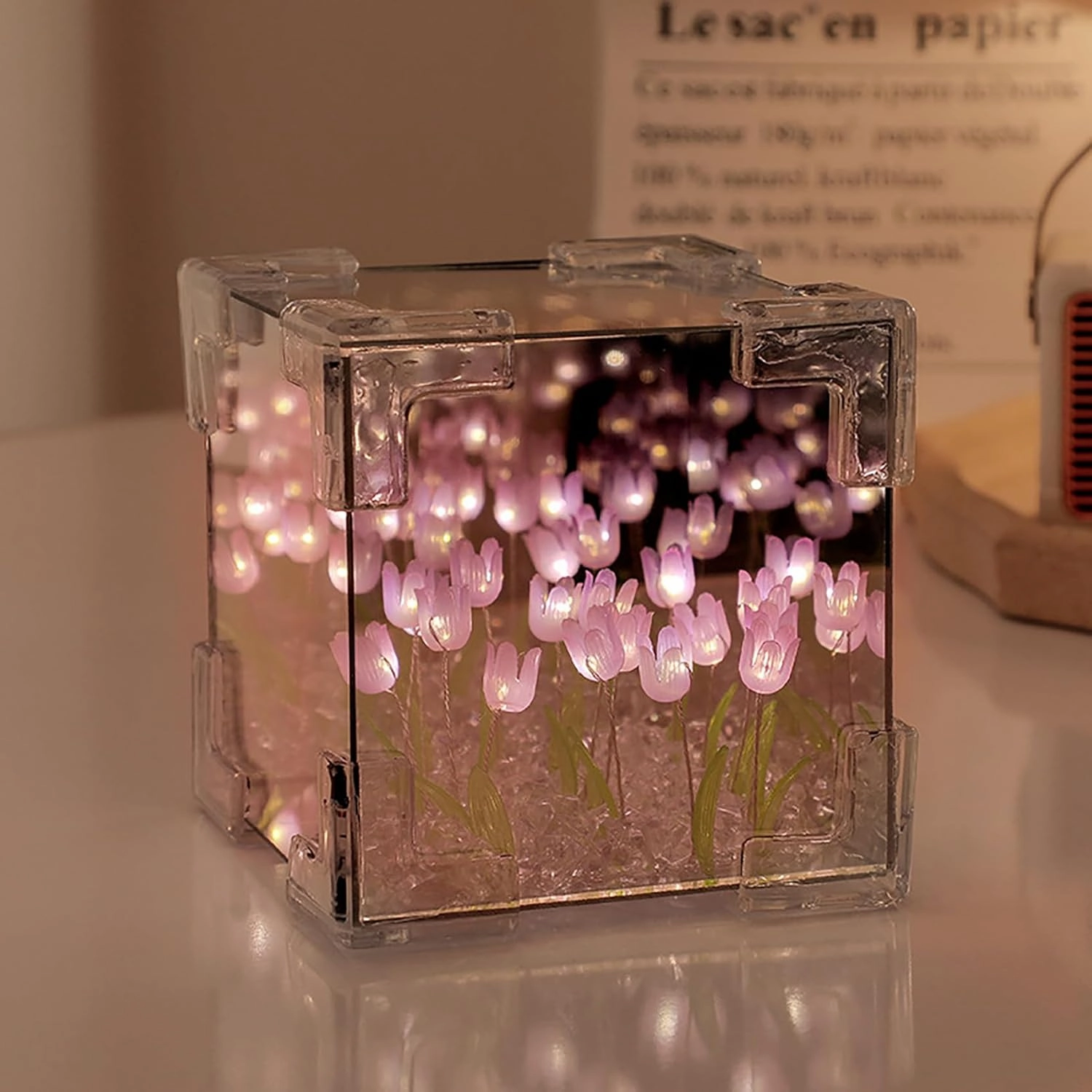 keeda Finished Cube Tulip Mirror Lamp LED Handmade Simulated Tulip Table Lamp DIY Creative Magic Cube Mirror Night Light Tulip Lamp for Valentines Birthday (Purple, Cube)