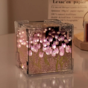 keeda Finished Cube Tulip Mirror Lamp LED Handmade Simulated Tulip Table Lamp DIY Creative Magic Cube Mirror Night Light Tulip Lamp for Valentines Birthday (Purple, Cube)