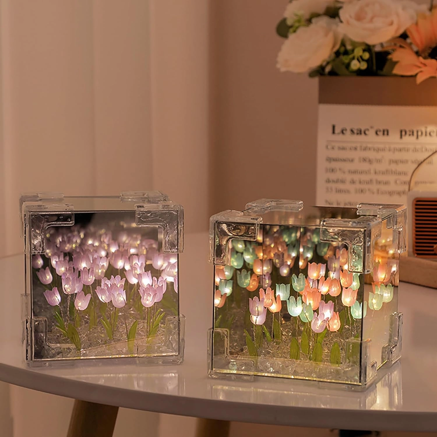 keeda Finished Cube Tulip Mirror Lamp LED Handmade Simulated Tulip Table Lamp DIY Creative Magic Cube Mirror Night Light Tulip Lamp for Valentines Birthday (Purple, Cube)